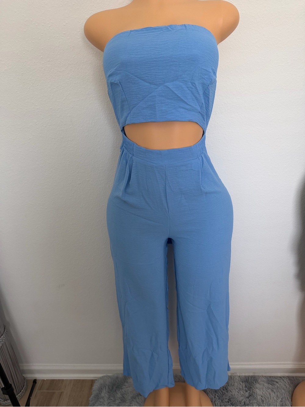 Strapless Cutout Wide-Leg Jumpsuit in Sky Blue